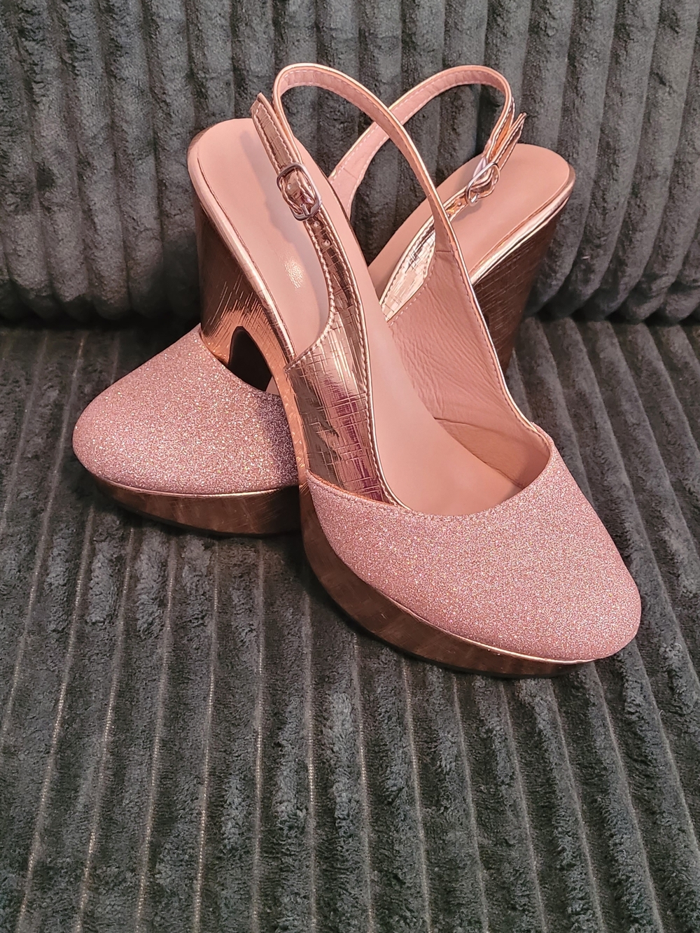 Women's Gold Glitter Slingback Platform Heels